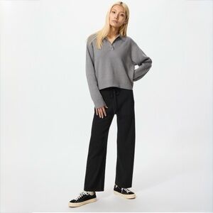 Uniqlo Black Ribbed Knit Wide Leg Pants Drawstring Waist Pockets Size S